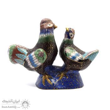 مجسمه میناکاری طرح مرغ و خروس قهوه ای (با پایه) آنتیک