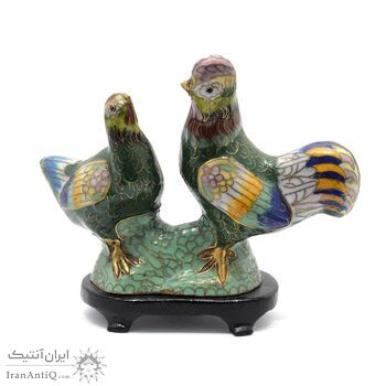 مجسمه میناکاری طرح مرغ و خروس سبز (با پایه) آنتیک