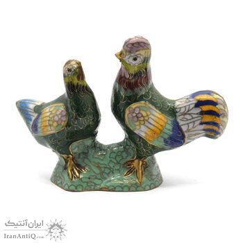 مجسمه میناکاری طرح مرغ و خروس سبز (با پایه) آنتیک