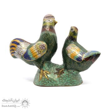 مجسمه میناکاری طرح مرغ و خروس سبز (با پایه) آنتیک