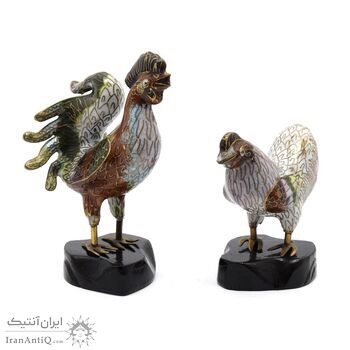 مجسمه میناکاری طرح مرغ و خروس سفید (با پایه) آنتیک