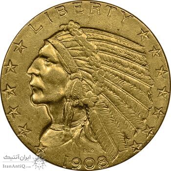 سکه طلا 5 دلار 1908 سرخپوستی - AU58 - آمریکا
