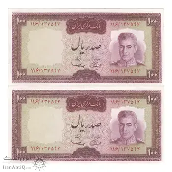اسکناس 100 ریال (آموزگار - سمیعی) نوشته قرمز - جفت - UNC62 - محمد رضا شاه