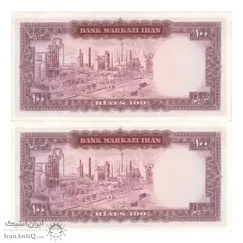 اسکناس 100 ریال (آموزگار - سمیعی) نوشته قرمز - جفت - UNC62 - محمد رضا شاه