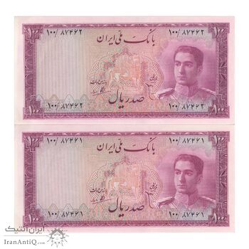 اسکناس 100 ریال سری سوم - جفت - UNC61 - محمد رضا شاه