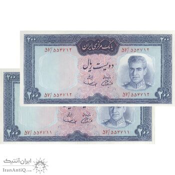 اسکناس 200 ریال (آموزگار - سمیعی) نوشته قرمز - جفت - UNC63 - محمد رضا شاه
